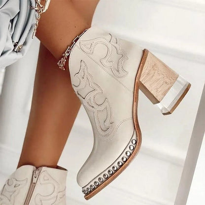 Studded Ankle Boots Black Western - White