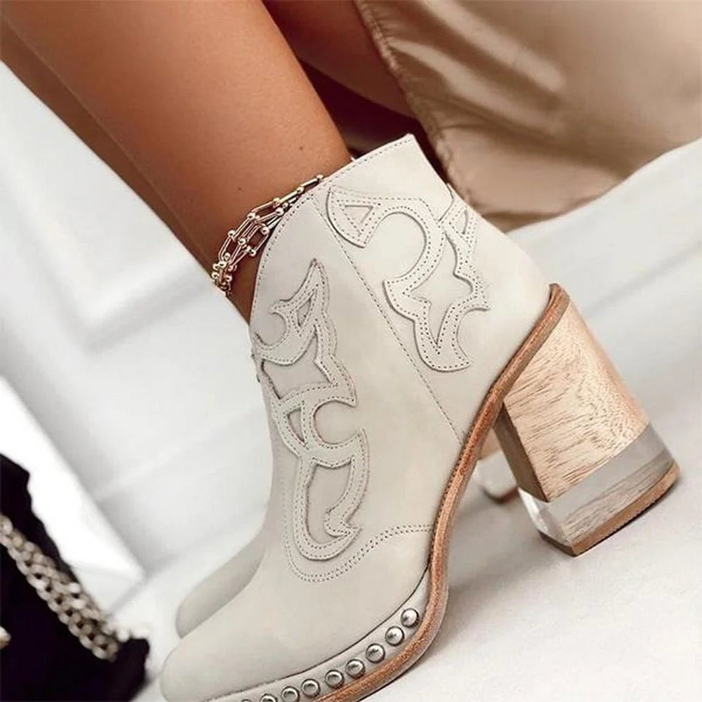 Studded Ankle Boots Black Western - White