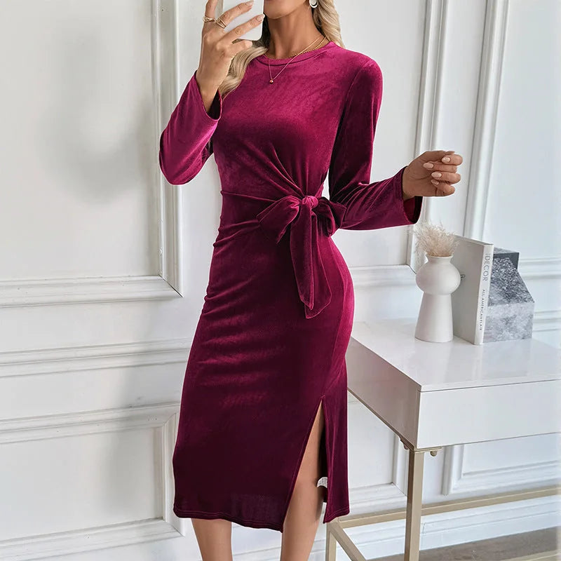 Velvet Midi Dress Wine Tie Waist - Wine