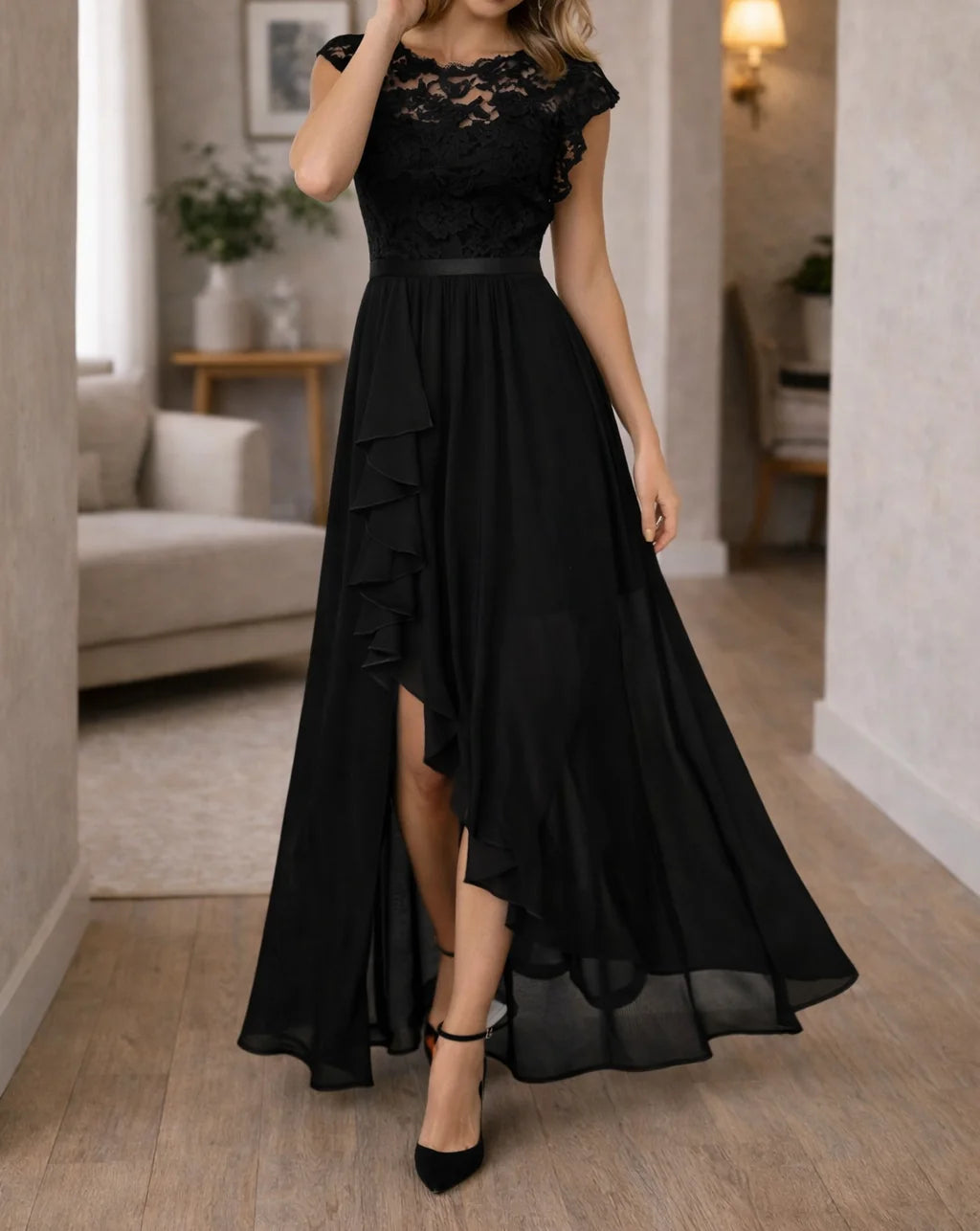 Lace Maxi Dress Burgundy High-Low - Black