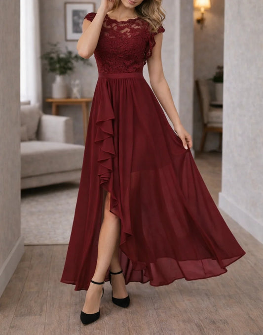Lace Maxi Dress Burgundy High-Low - Burgundy
