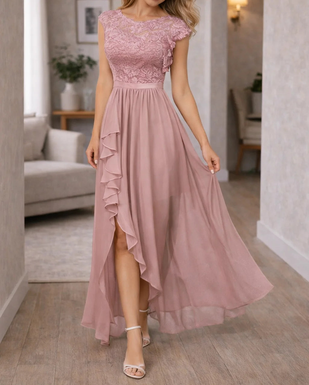Lace Maxi Dress Burgundy High-Low - Dusty Rose