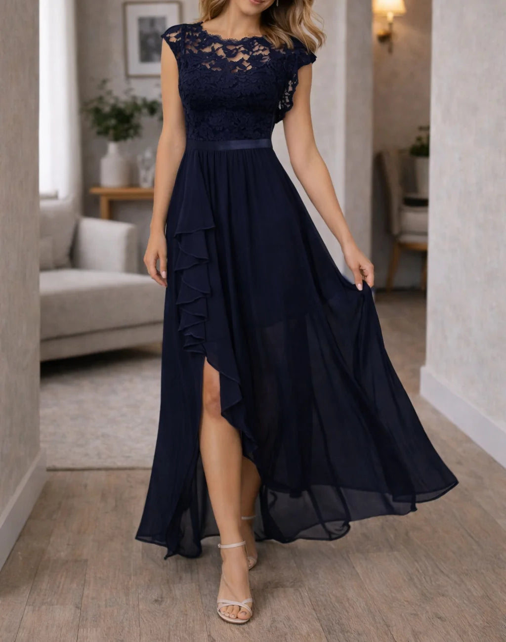 Lace Maxi Dress Burgundy High-Low - Navy