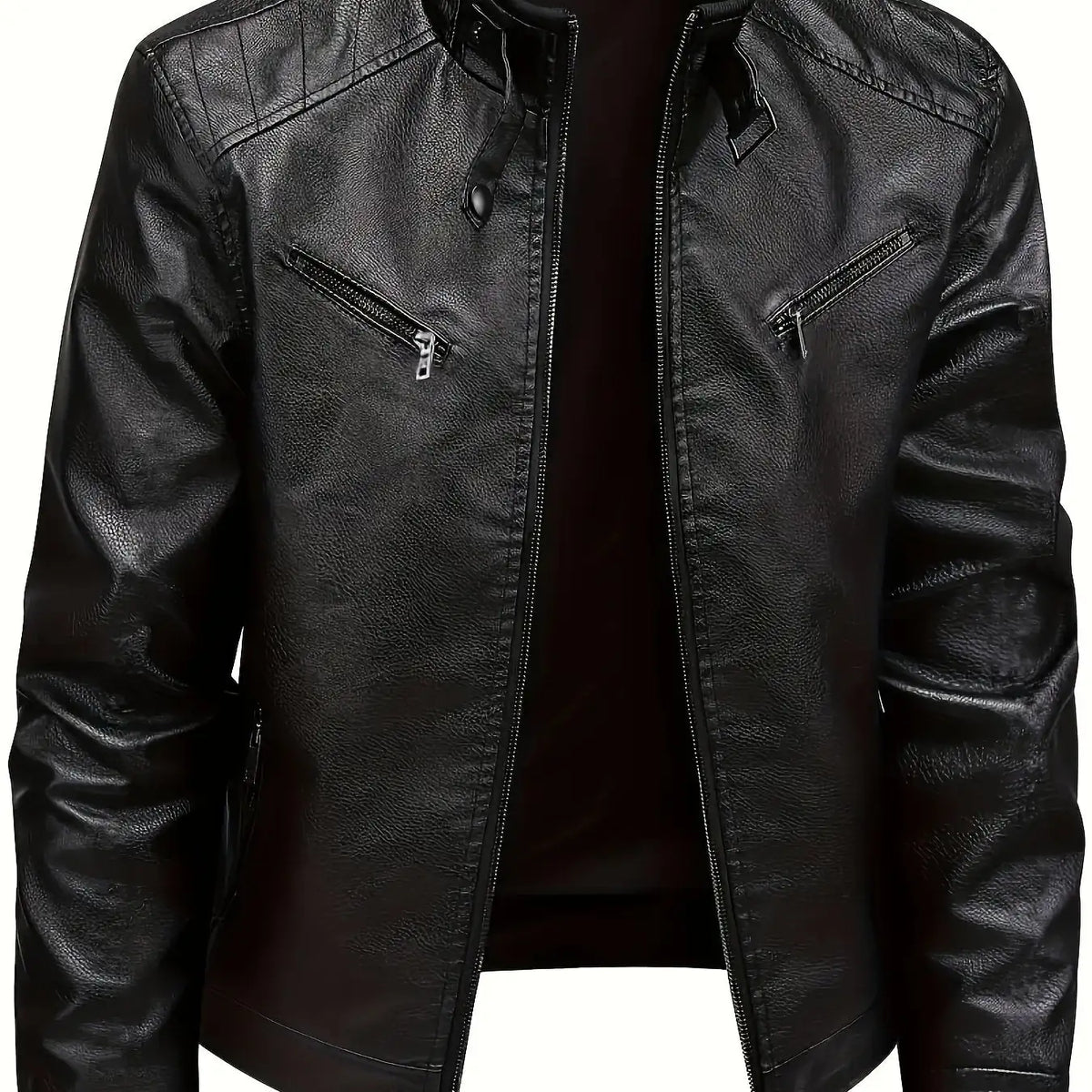 Men's Biker Jacket Black Stand Collar - Black