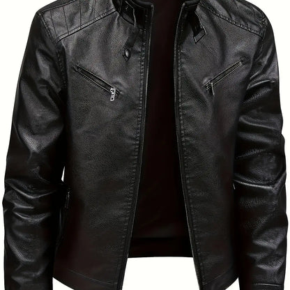 Men's Biker Jacket Black Stand Collar - Black