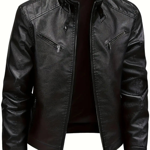 Men's Biker Jacket Black Stand Collar