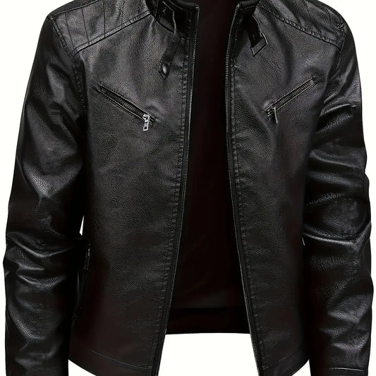 Men's Biker Jacket Black Stand Collar - Black