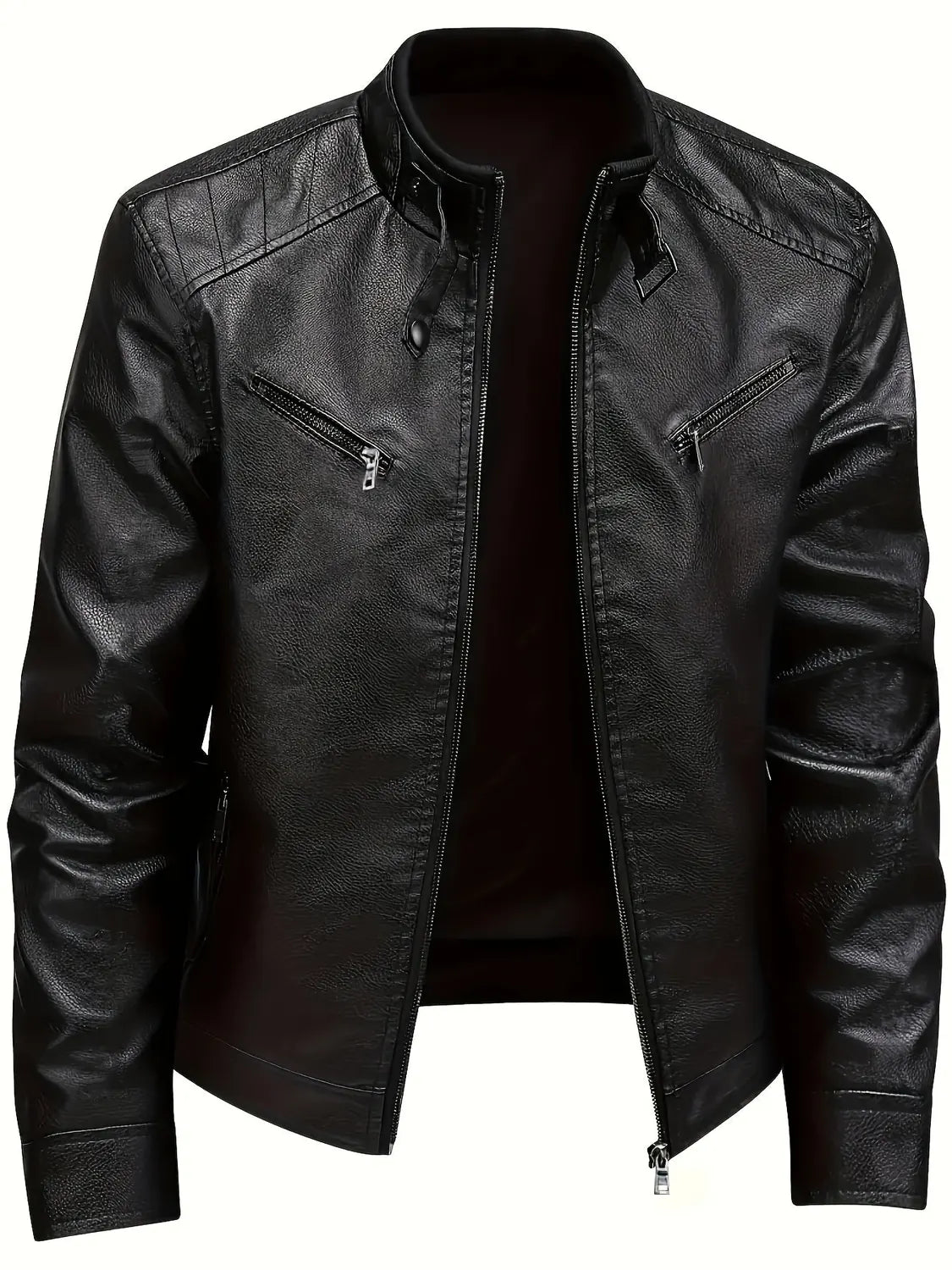 Men's Biker Jacket Black Stand Collar - Black