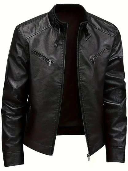 Men's Biker Jacket Black Stand Collar - Black