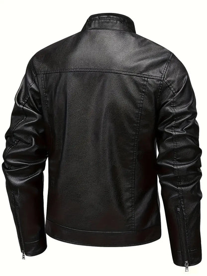 Men's Biker Jacket Black Stand Collar - Black