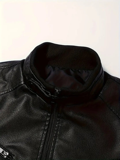 Men's Biker Jacket Black Stand Collar - Black