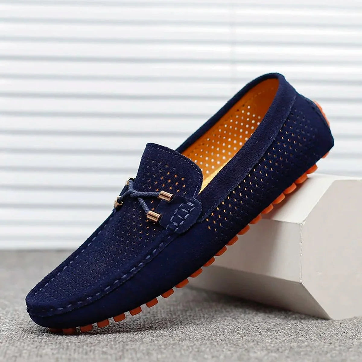 Men's Loafers Black Suede Driving - Blue