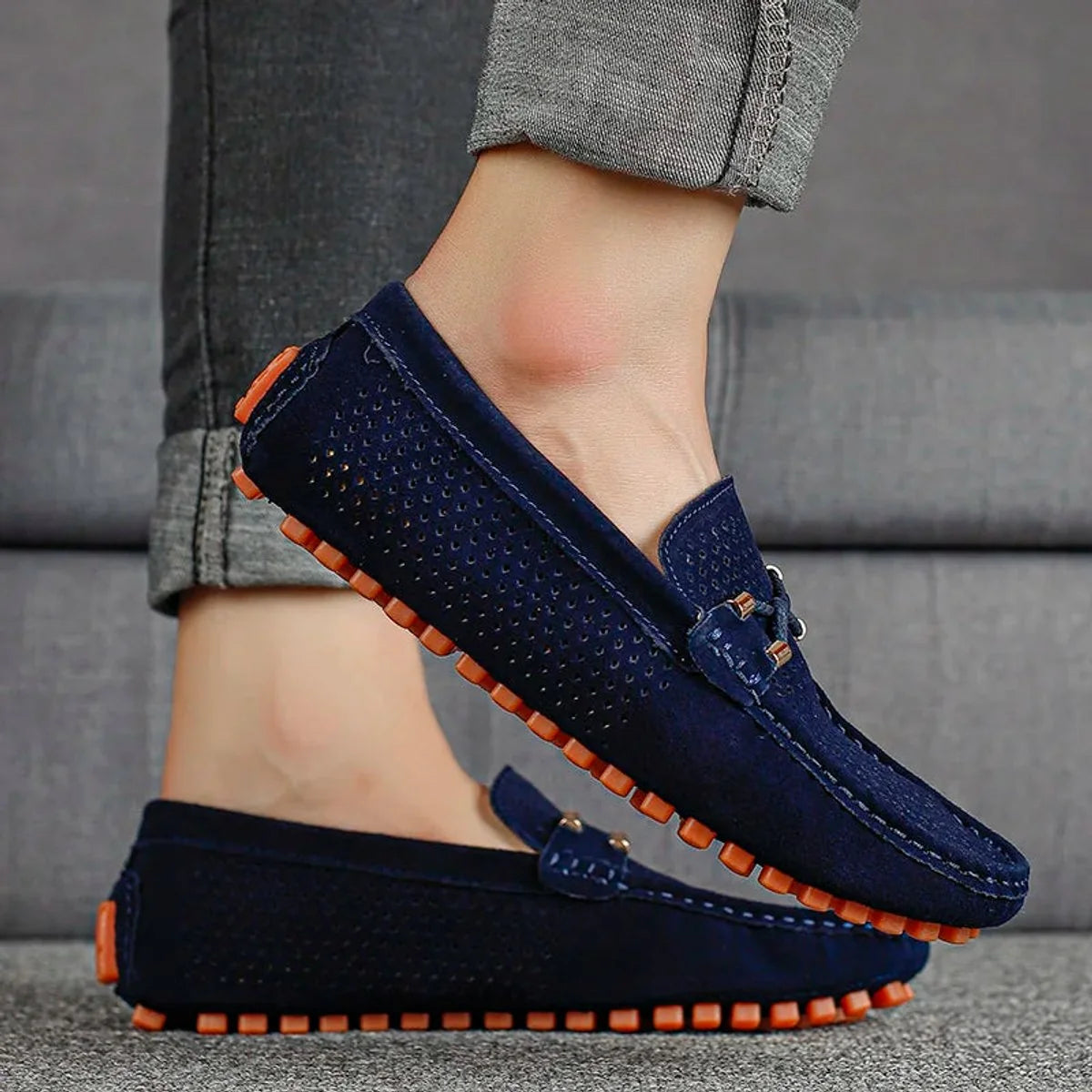 Men's Loafers Black Suede Driving - Blue