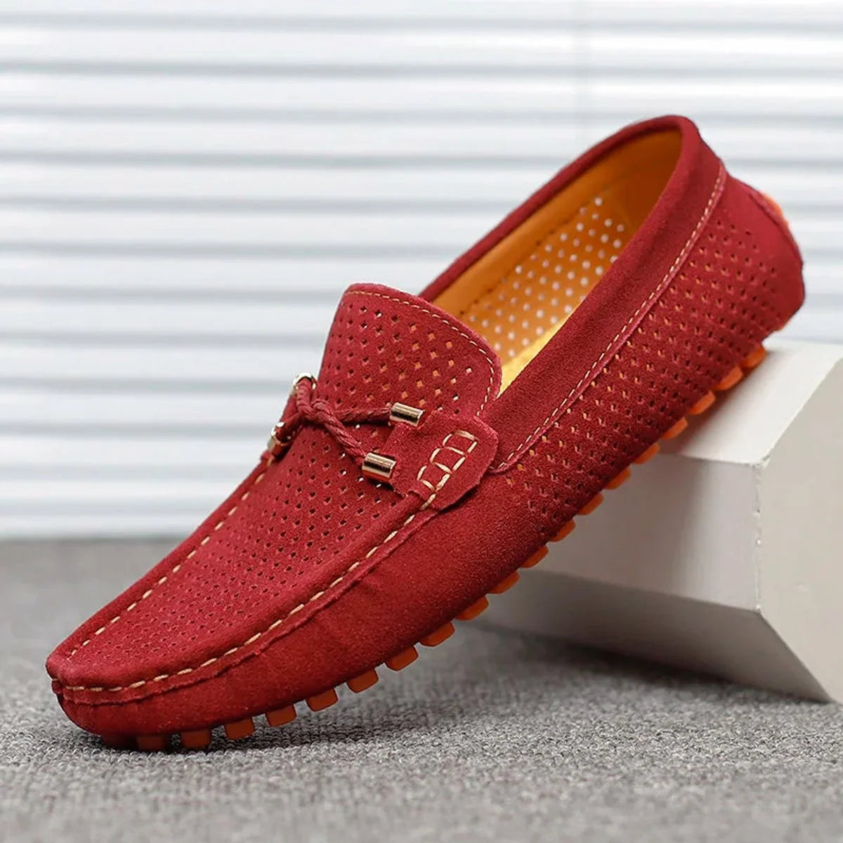 Men's Loafers Black Suede Driving - Red