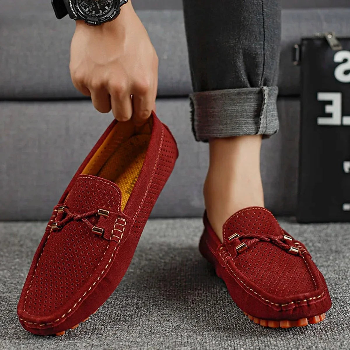 Men's Loafers Black Suede Driving - Red
