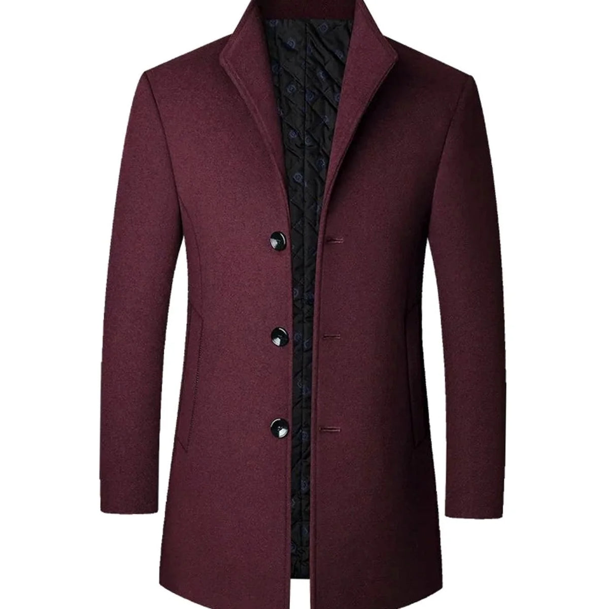 Men's Long Coat Black Stand Collar - Burgundy