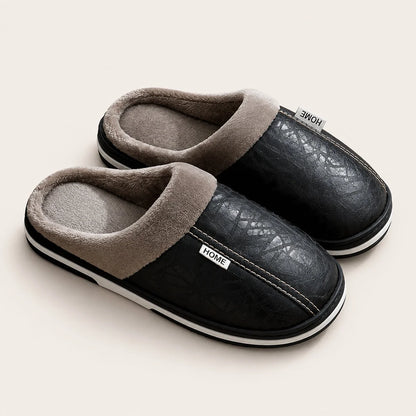 Men's Slippers Black Leather-Look Mule - Black