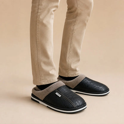 Men's Slippers Black Leather-Look Mule - Black