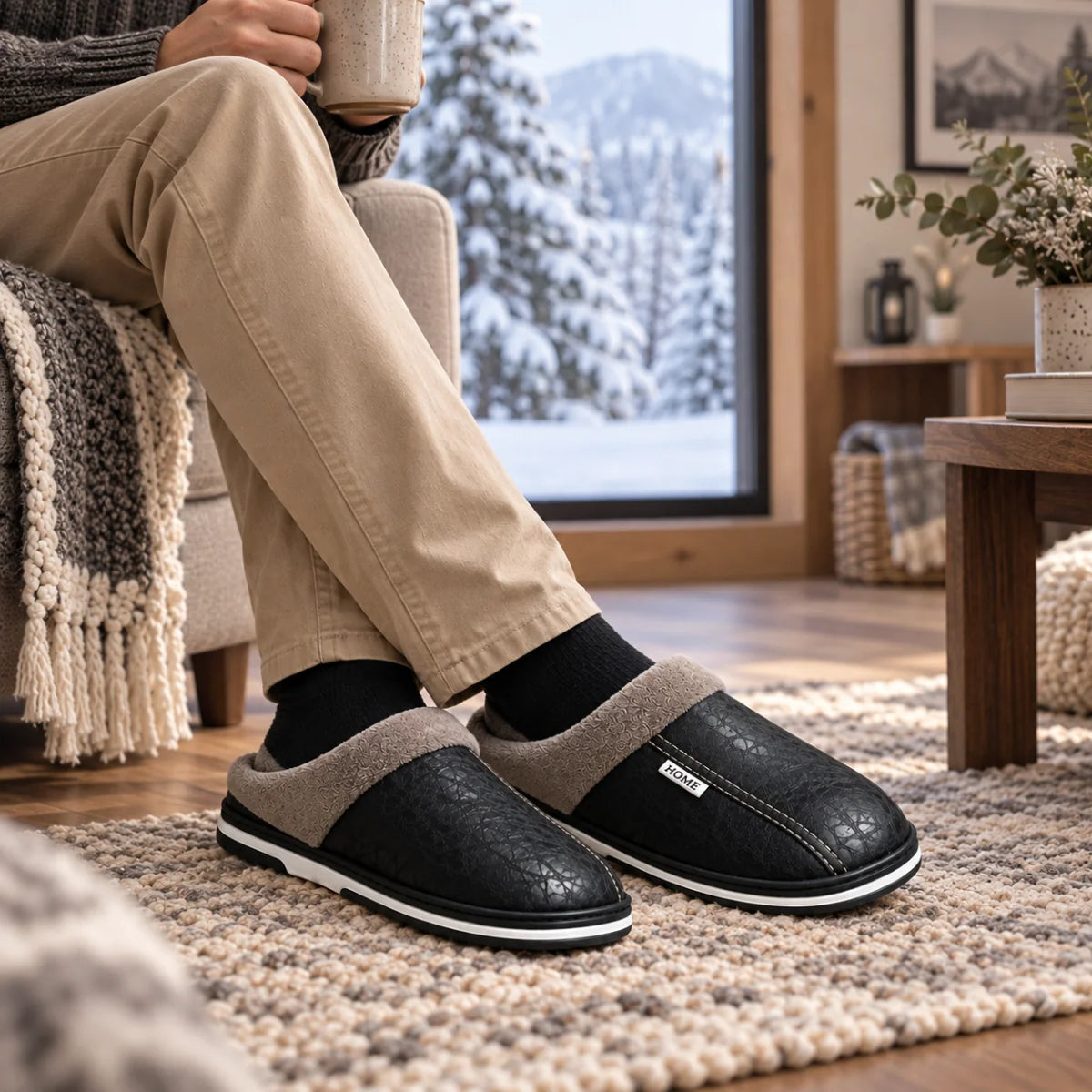 Men's Slippers Black Leather-Look Mule - Black