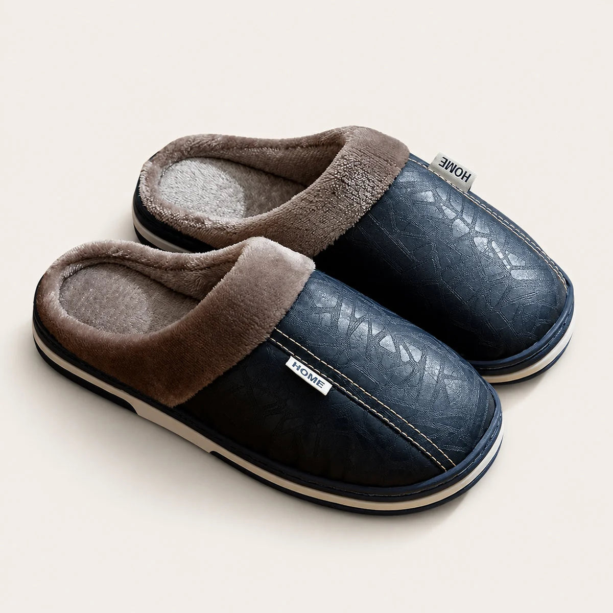 Men's Slippers Black Leather-Look Mule - Blue