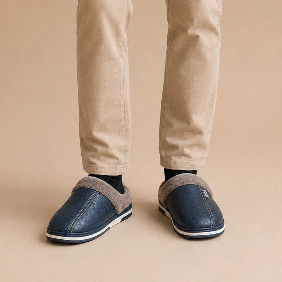 Men's Slippers Black Leather-Look Mule - Blue