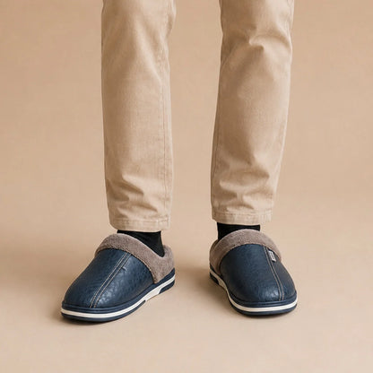 Men's Slippers Black Leather-Look Mule - Blue