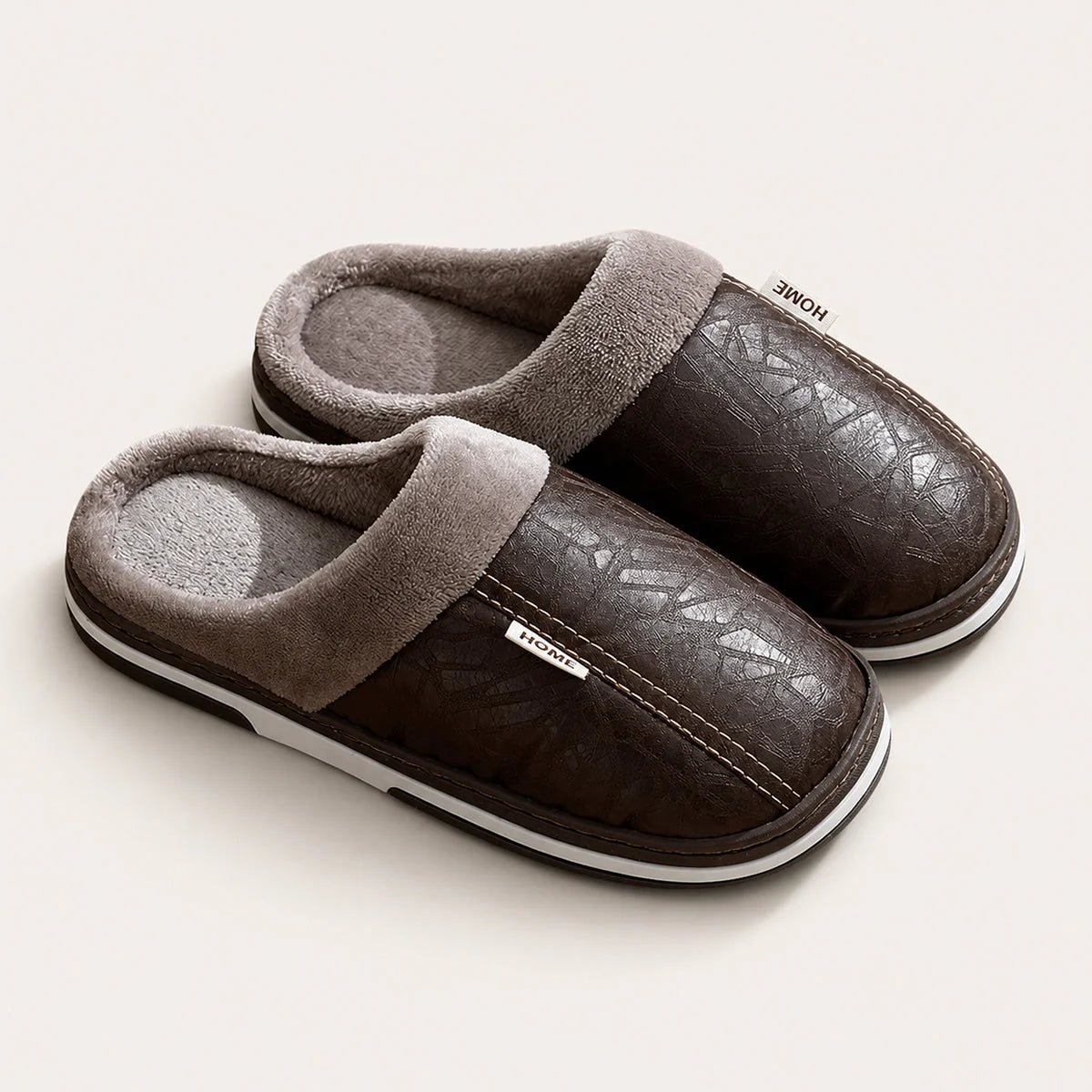 Men's Slippers Black Leather-Look Mule - Brown