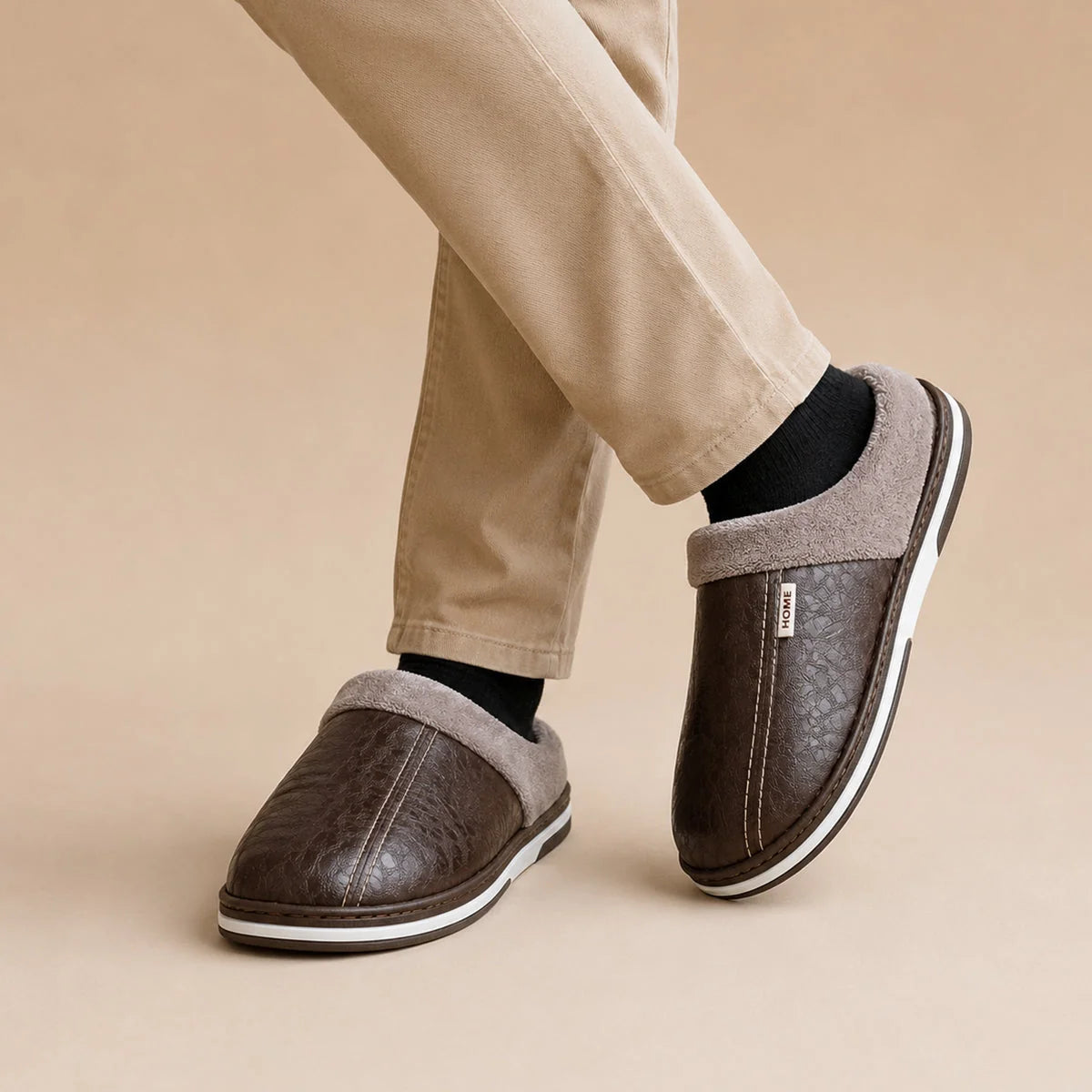 Men's Slippers Black Leather-Look Mule - Brown