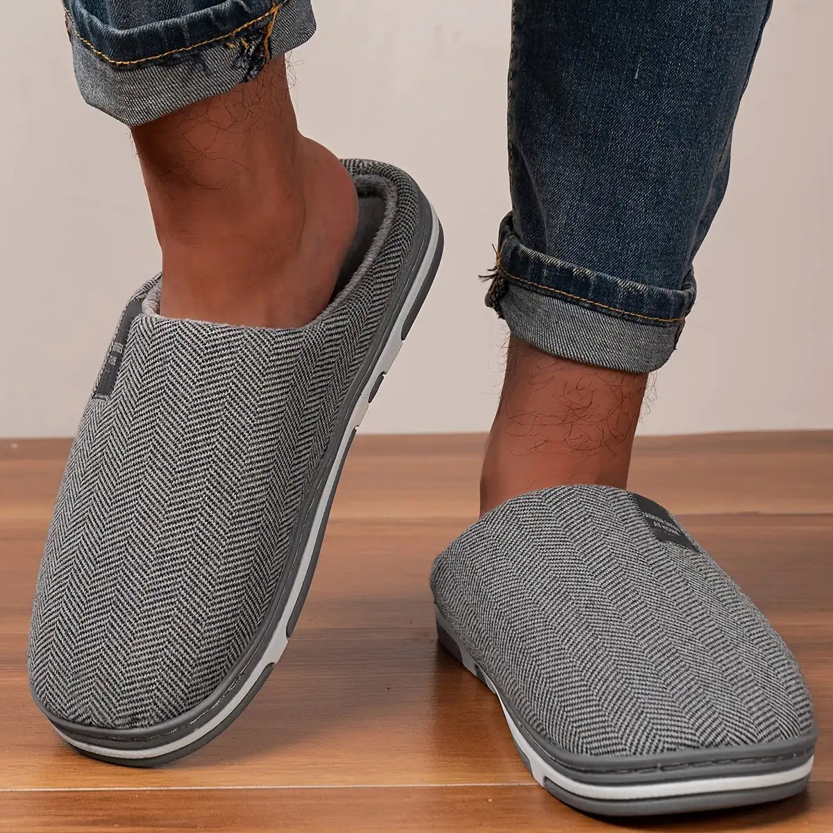 Men's Slippers Dark Grey Herringbone - Dark Grey