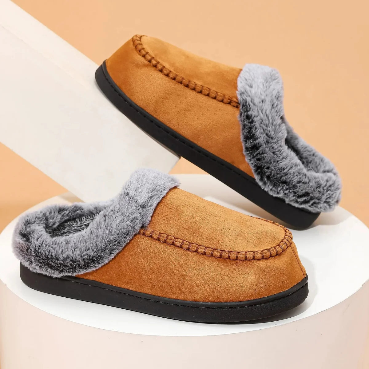 Men's Slippers Grey Faux Fur Collar - Brown