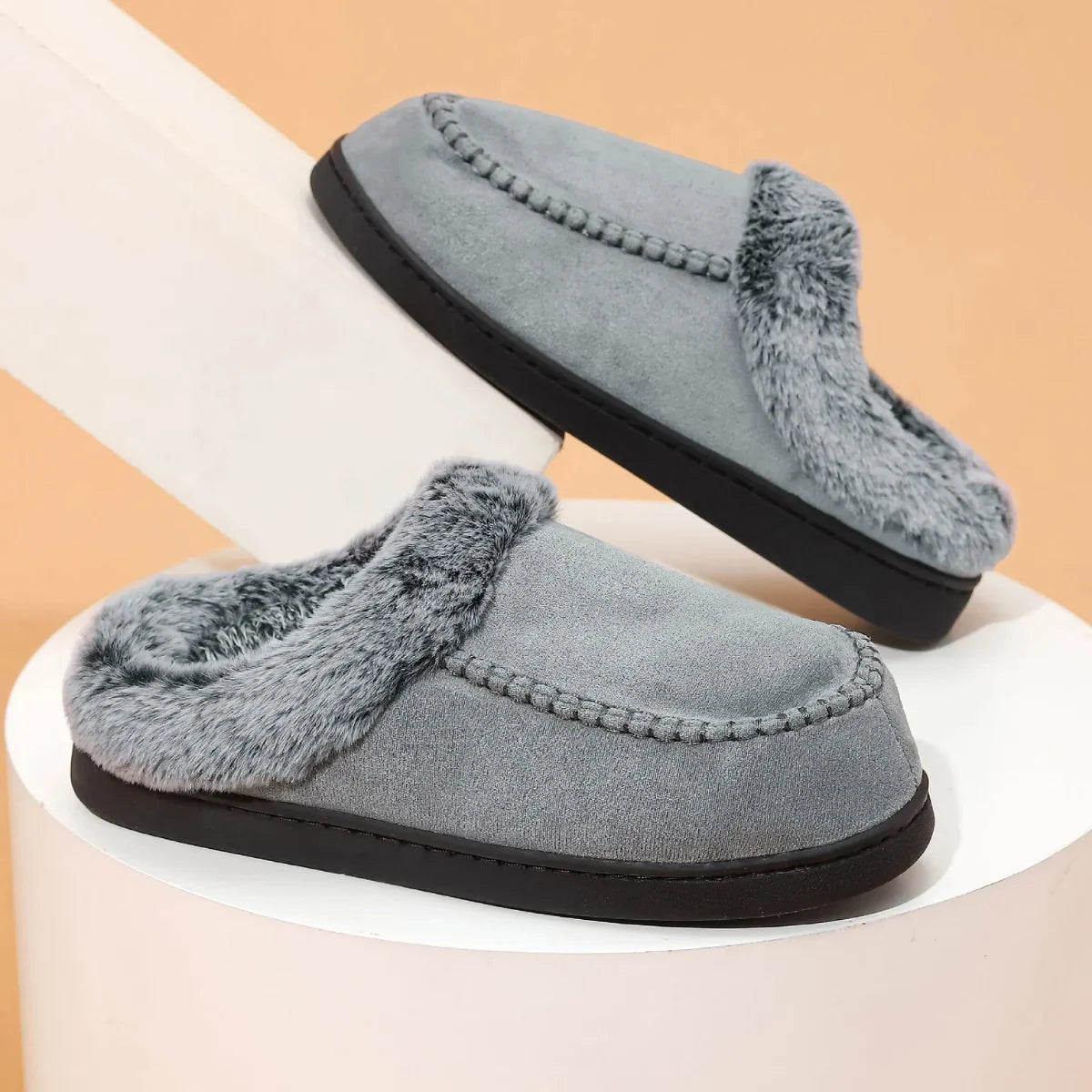 Men's Slippers Grey Faux Fur Collar - Grey