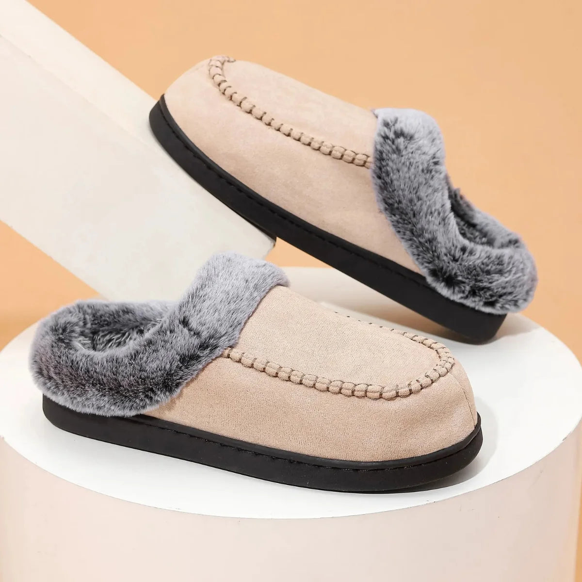Men's Slippers Grey Faux Fur Collar - Khaki