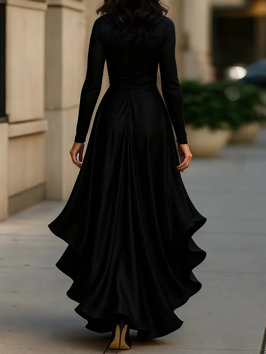 Red Maxi Dress Burgundy Satin Ruffle - Black