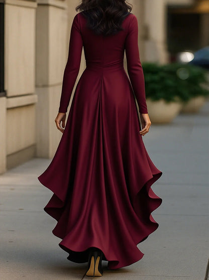 Red Maxi Dress Burgundy Satin Ruffle - Burgundy