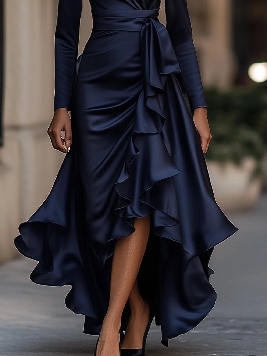 Red Maxi Dress Burgundy Satin Ruffle - Navy