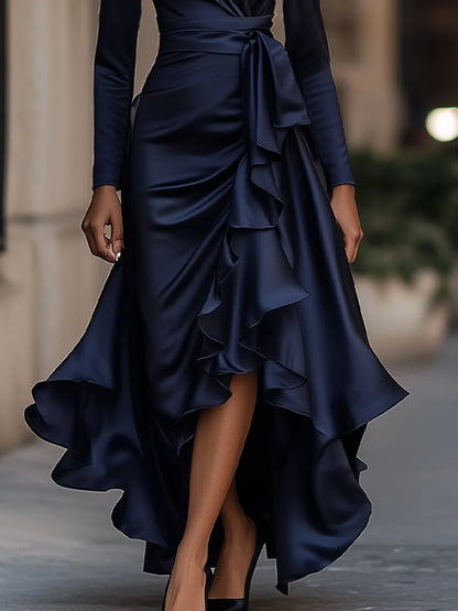 Red Maxi Dress Burgundy Satin Ruffle - Navy