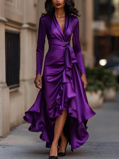 Red Maxi Dress Burgundy Satin Ruffle - Purple