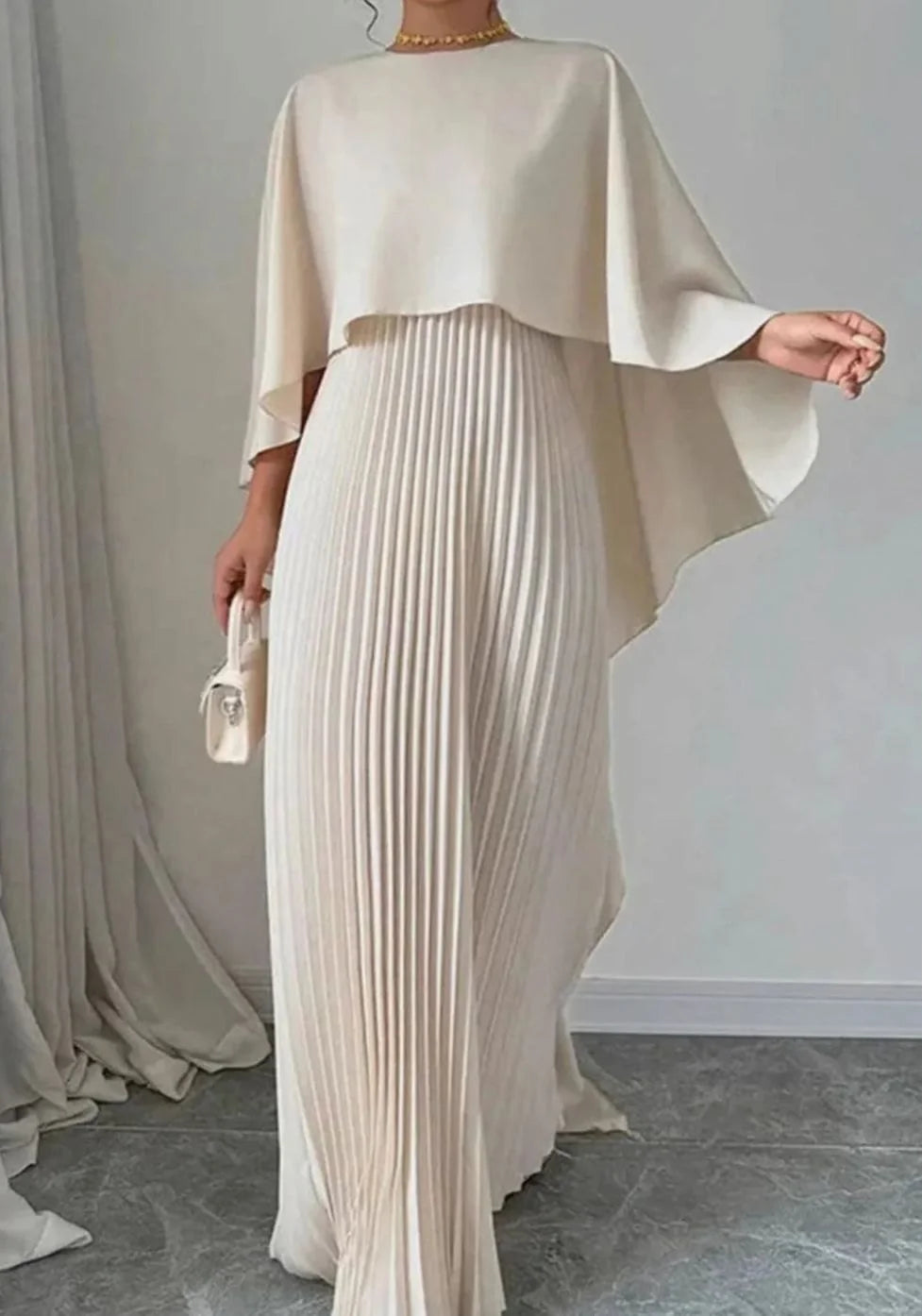 Red Maxi Dress Pleated Cape - Beige