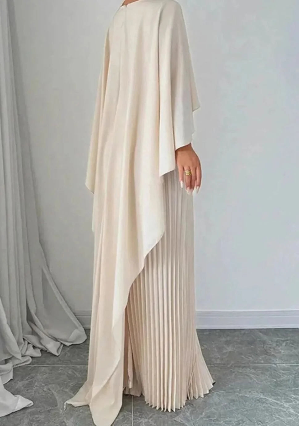 Red Maxi Dress Pleated Cape - Beige