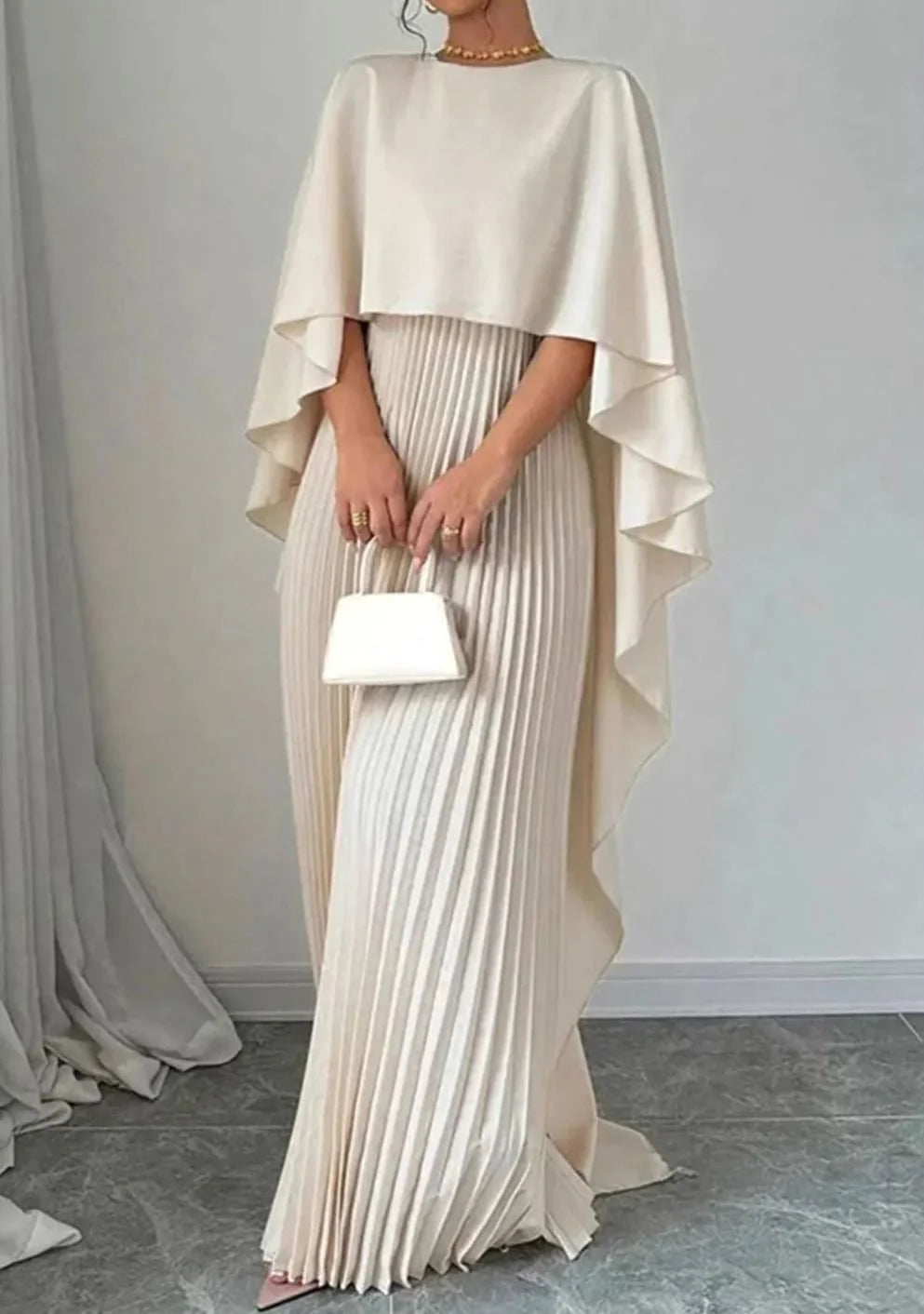 Red Maxi Dress Pleated Cape - Beige