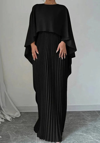 Red Maxi Dress Pleated Cape - Black