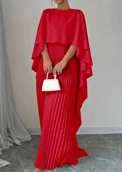 Red Maxi Dress Pleated Cape - Red