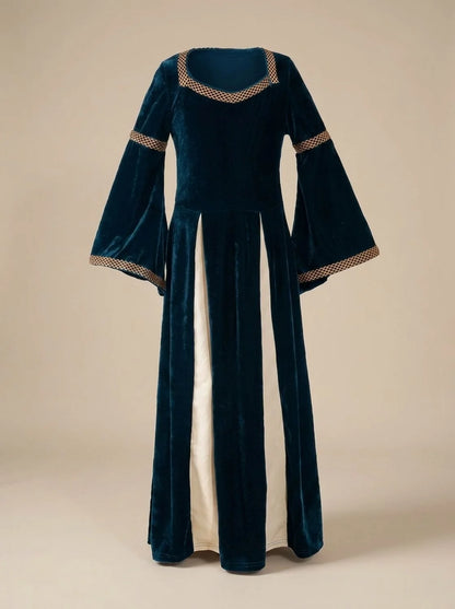 Red Maxi Dress Wine Velvet Bell-Sleeve - Dark Blue