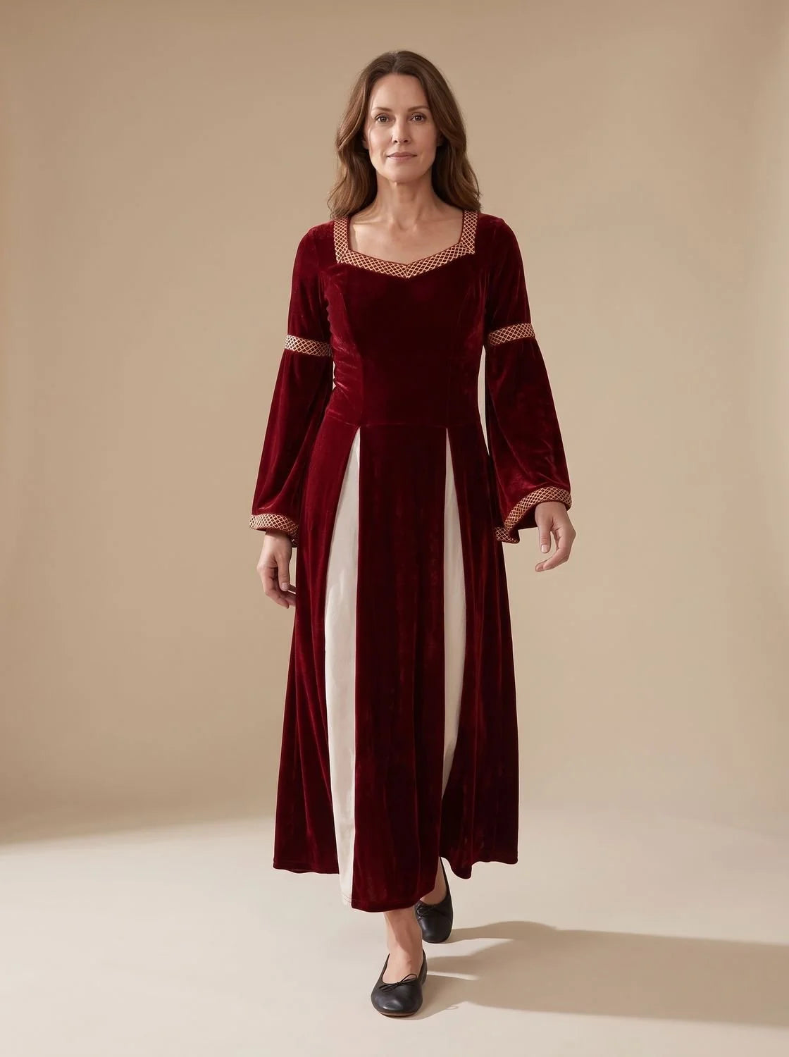 Red Maxi Dress Wine Velvet Bell-Sleeve - Wine Red