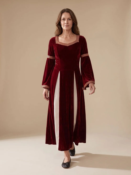 Red Maxi Dress Wine Velvet Bell-Sleeve