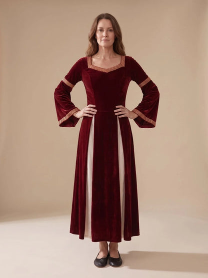 Red Maxi Dress Wine Velvet Bell-Sleeve - Wine Red
