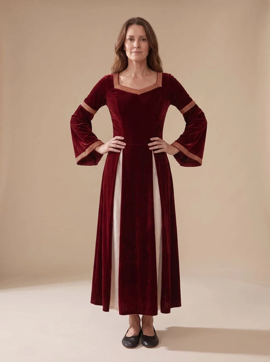 Red Maxi Dress Wine Velvet Bell-Sleeve - Wine Red
