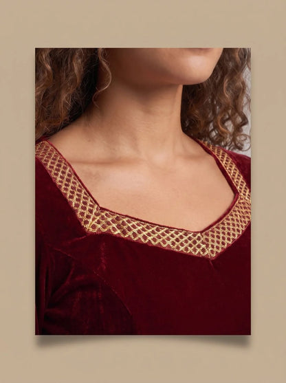 Red Maxi Dress Wine Velvet Bell-Sleeve - Wine Red
