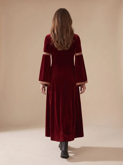 Red Maxi Dress Wine Velvet Bell-Sleeve - Wine Red
