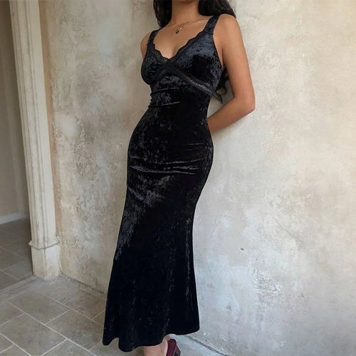 Velvet Maxi Dress Black Lace Trim
